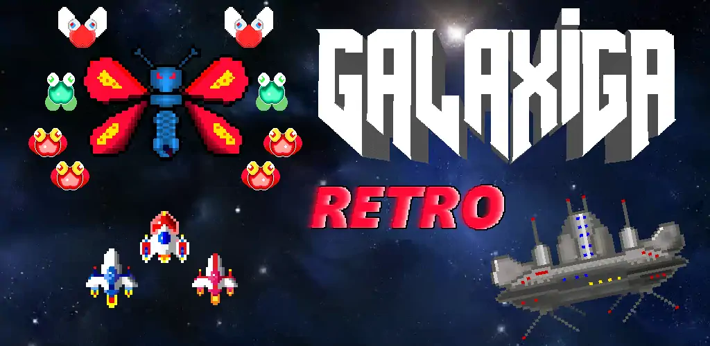 Скачать Galaxiga Retro Arcade Action Взлом [МОД Бесконечные монеты] + [МОД Меню] MOD APK на Андроид